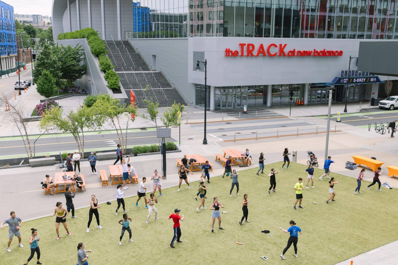 Outdoor workout taking place on the Track at new balance campus